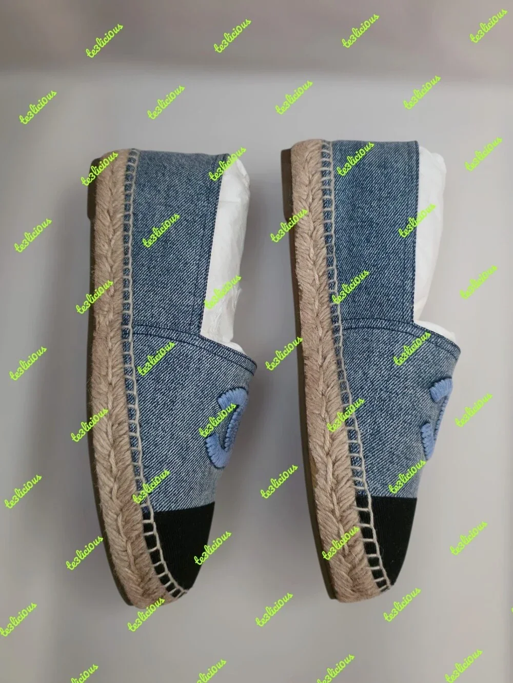 CHANEL 22B LAMBSKIN ESPADRILLES LIGHT BLUE BLACK SZ 39 *PRE-OWNED 100% AUTHENTIC